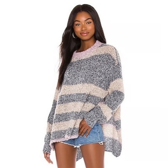Free People Sweaters - Free People BRB Striped Oversized Cozy Knit Tunic Sweater Side Slits Size Medium